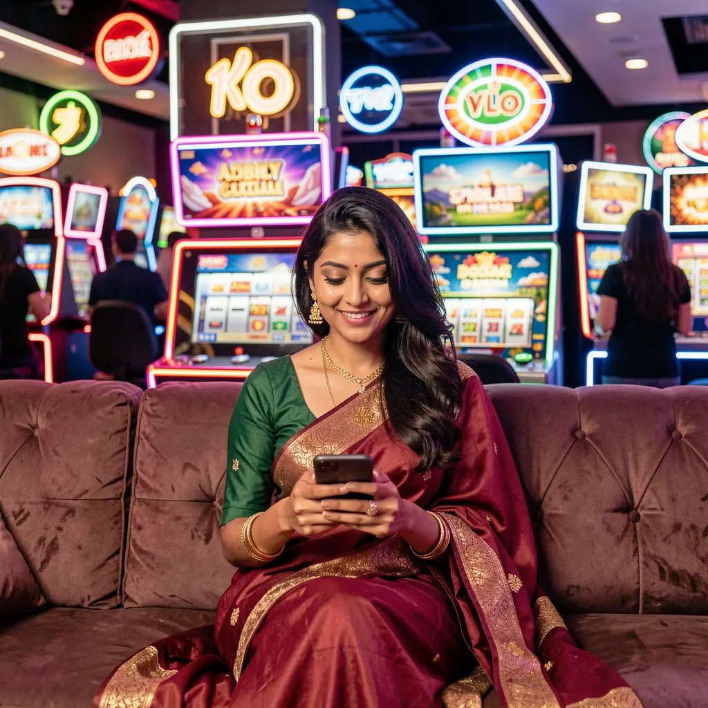 Focused Bangladeshi woman using the 92OK casino app on her phone while relaxing on a sofa with bright neon casino visuals behind her