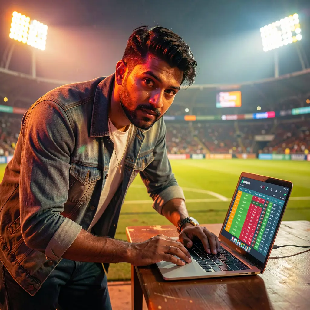 Dedicated Bangladeshi sports bettor analyzing live cricket odds on a laptop with colorful stadium lighting while using 92OK