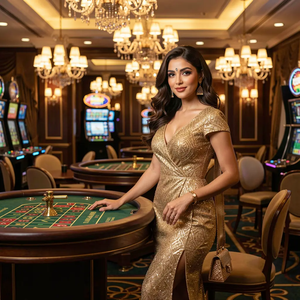 Stylish casino hostess near a roulette wheel in a luxury gaming hall highlighting the immersive live casino experience available at 92OK for Bangladeshi players